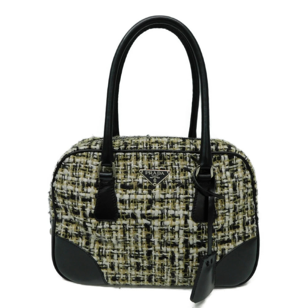 PRADA Boston Handbag Tweed Leather Beige Black Compact